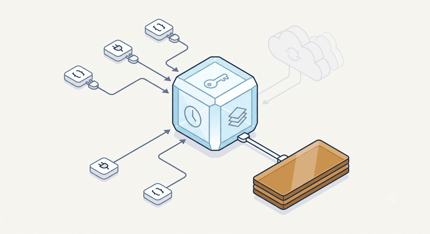 Flat isometric diagram of a central crystalline engine block pulling data from API nodes on the left and outputting to a bronze data landing layer on the right.