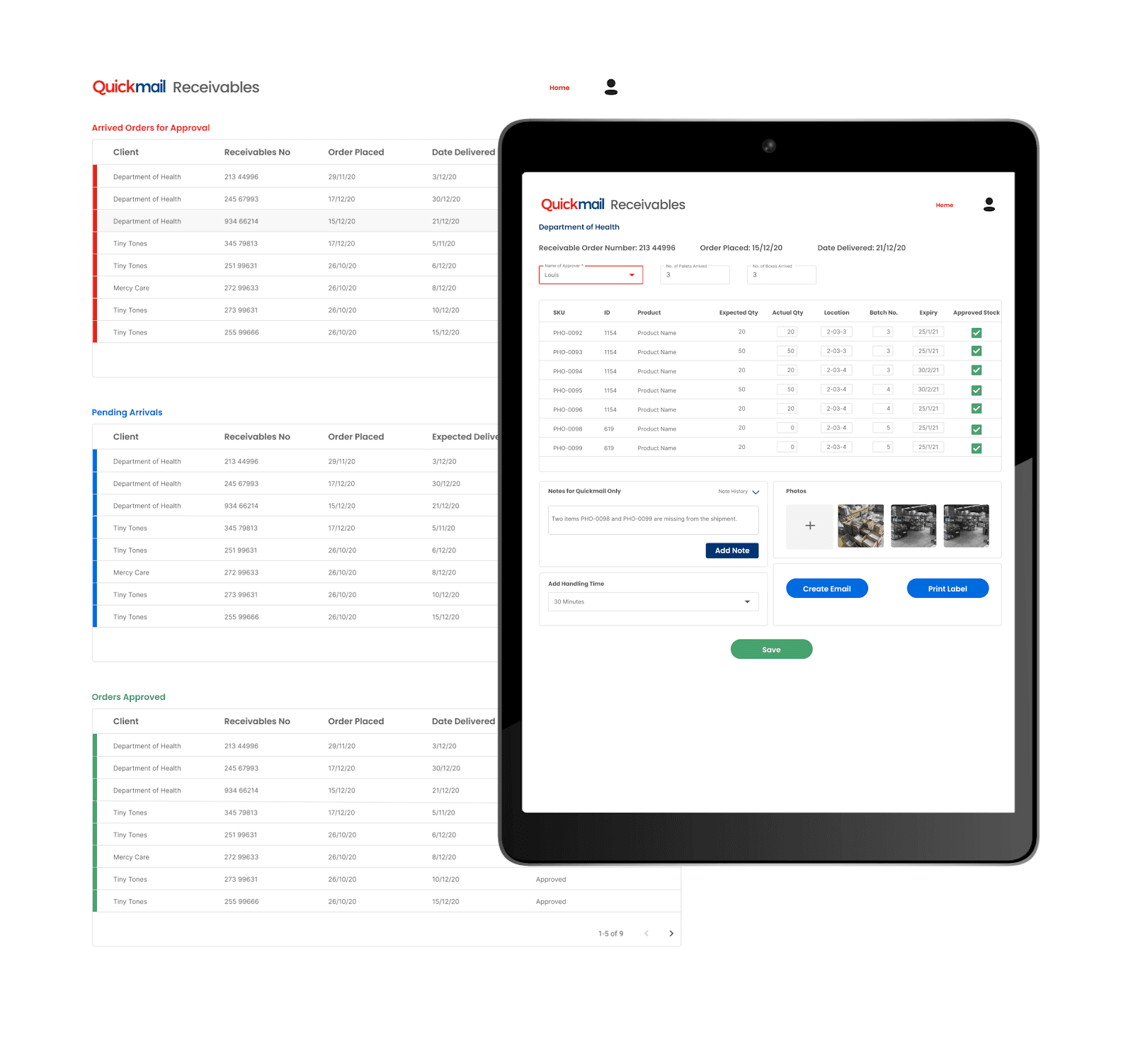 Tablet device displaying the Quickmail solution