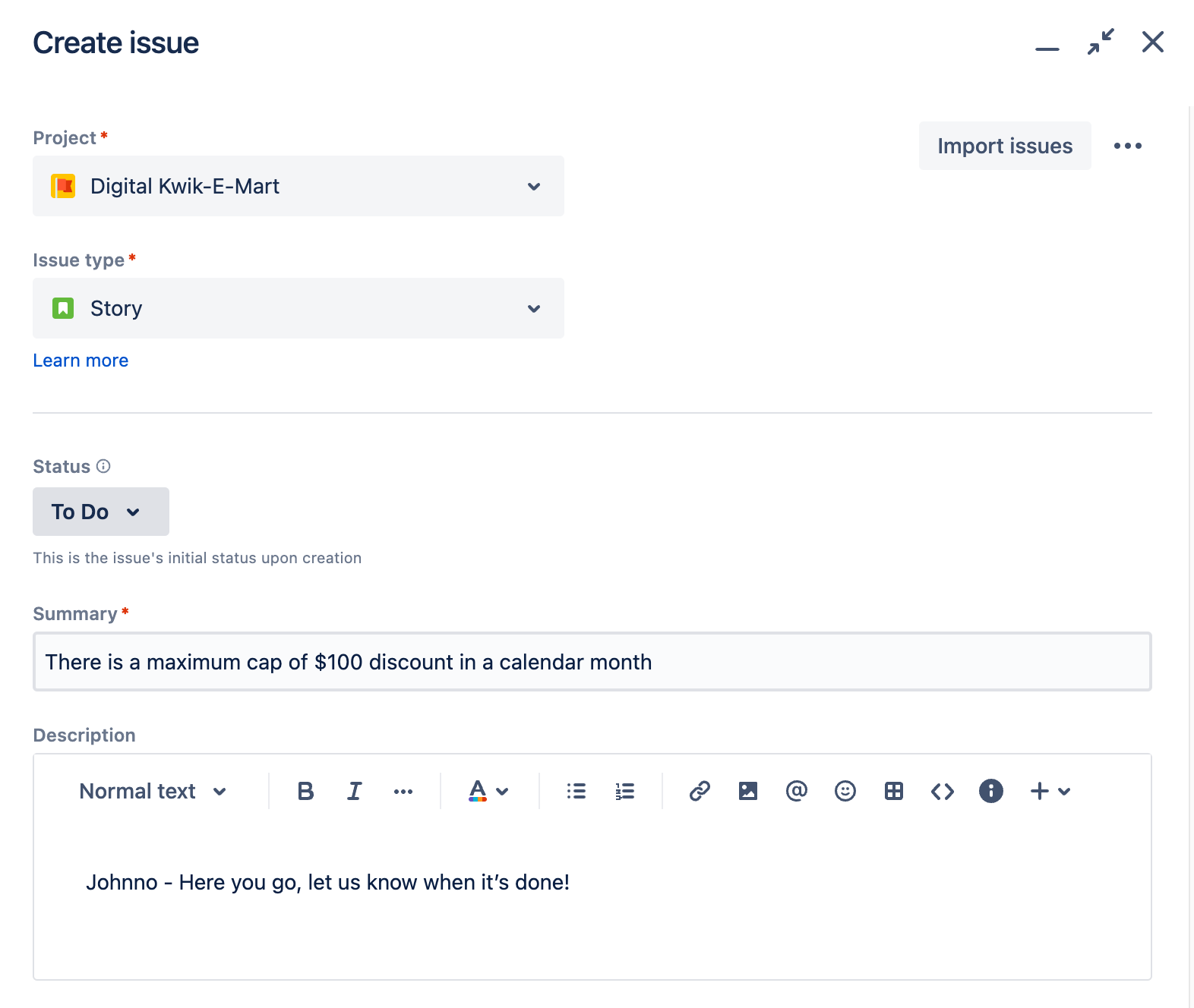 Jira card lacking any detail